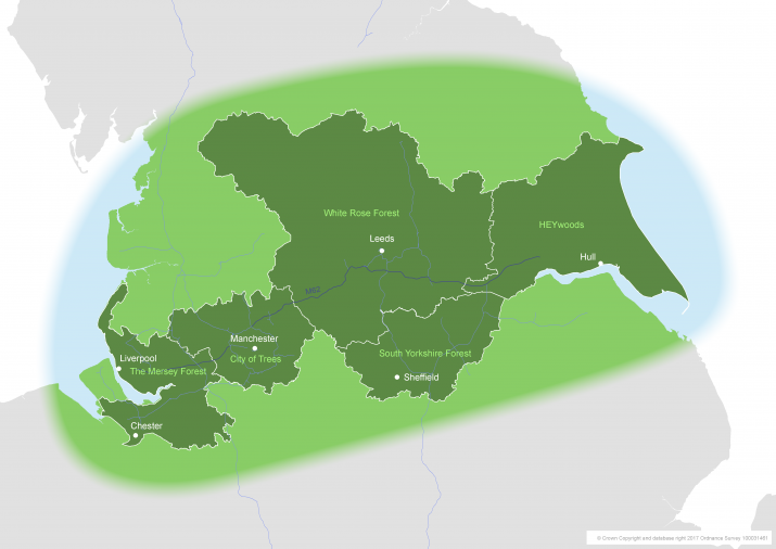 The Northern Forest Area showing existing community forests, major cities and motorways (credit: Author)